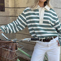Autumn Loose Striped Polo Collar Long Sleeve Top