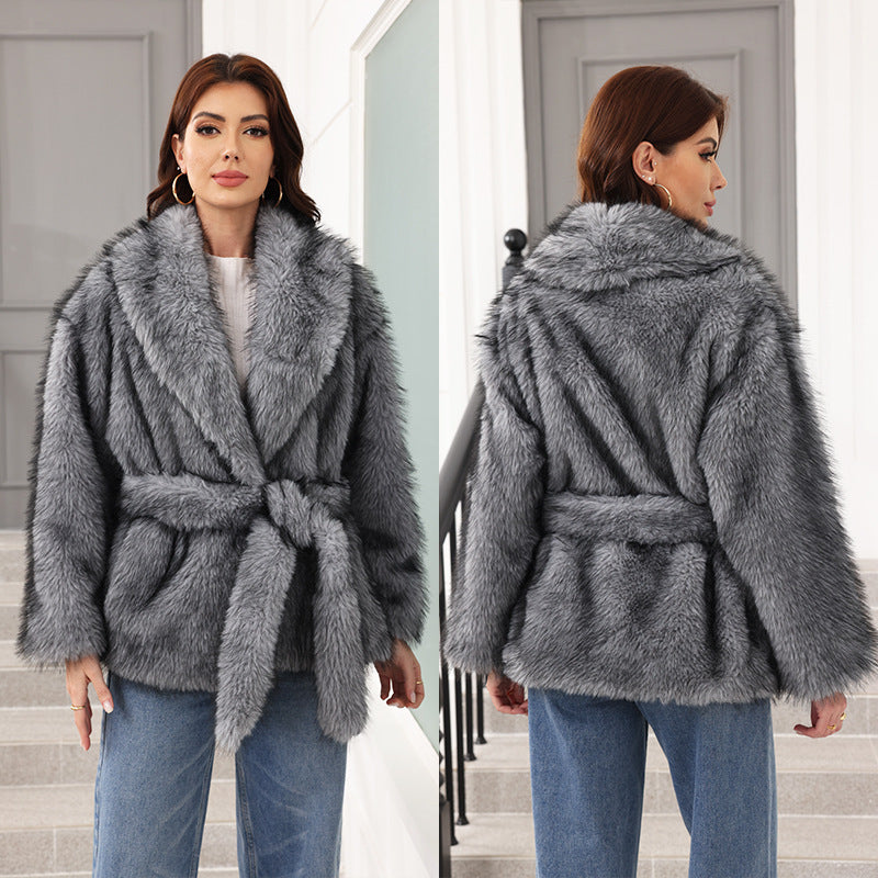 Fur Mid-length Coat With Belt Fashionable