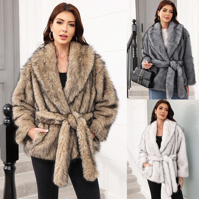 Fur Mid-length Coat With Belt Fashionable